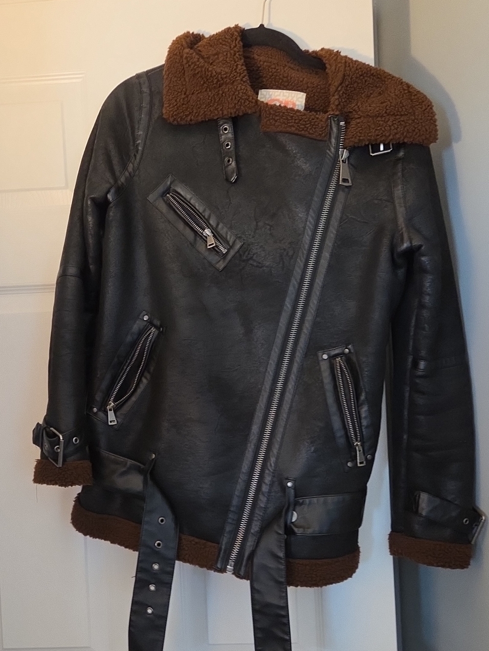 Womens Black Faux Leather Moto Jacket with Brown Sherpa Collar